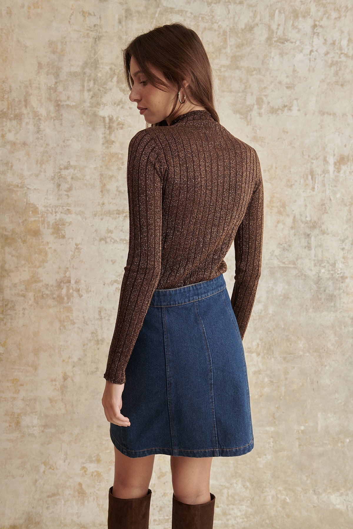 Pull à lurex avec col montant femme pull manches longues marron coupe droite
