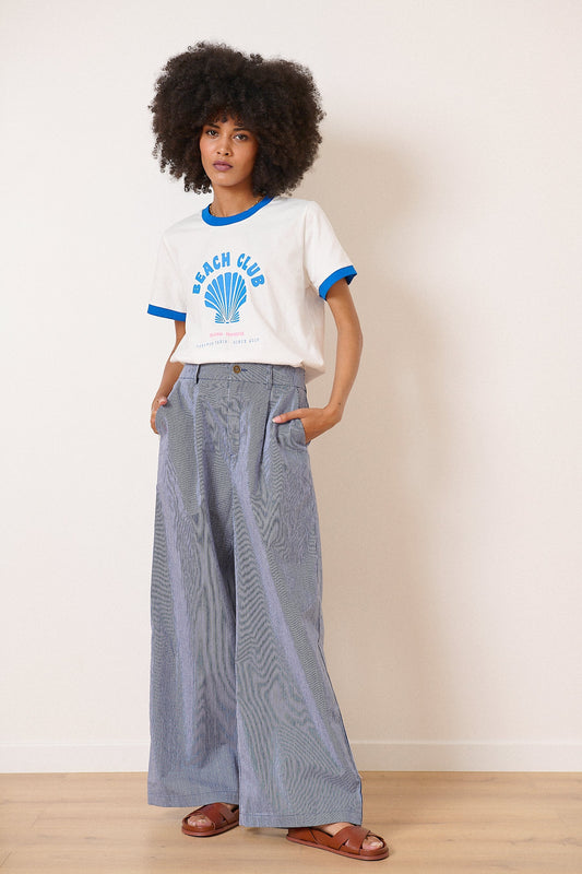 Pantalon en coton taille haute coupe large motif à rayures vêtement femme collection printemps