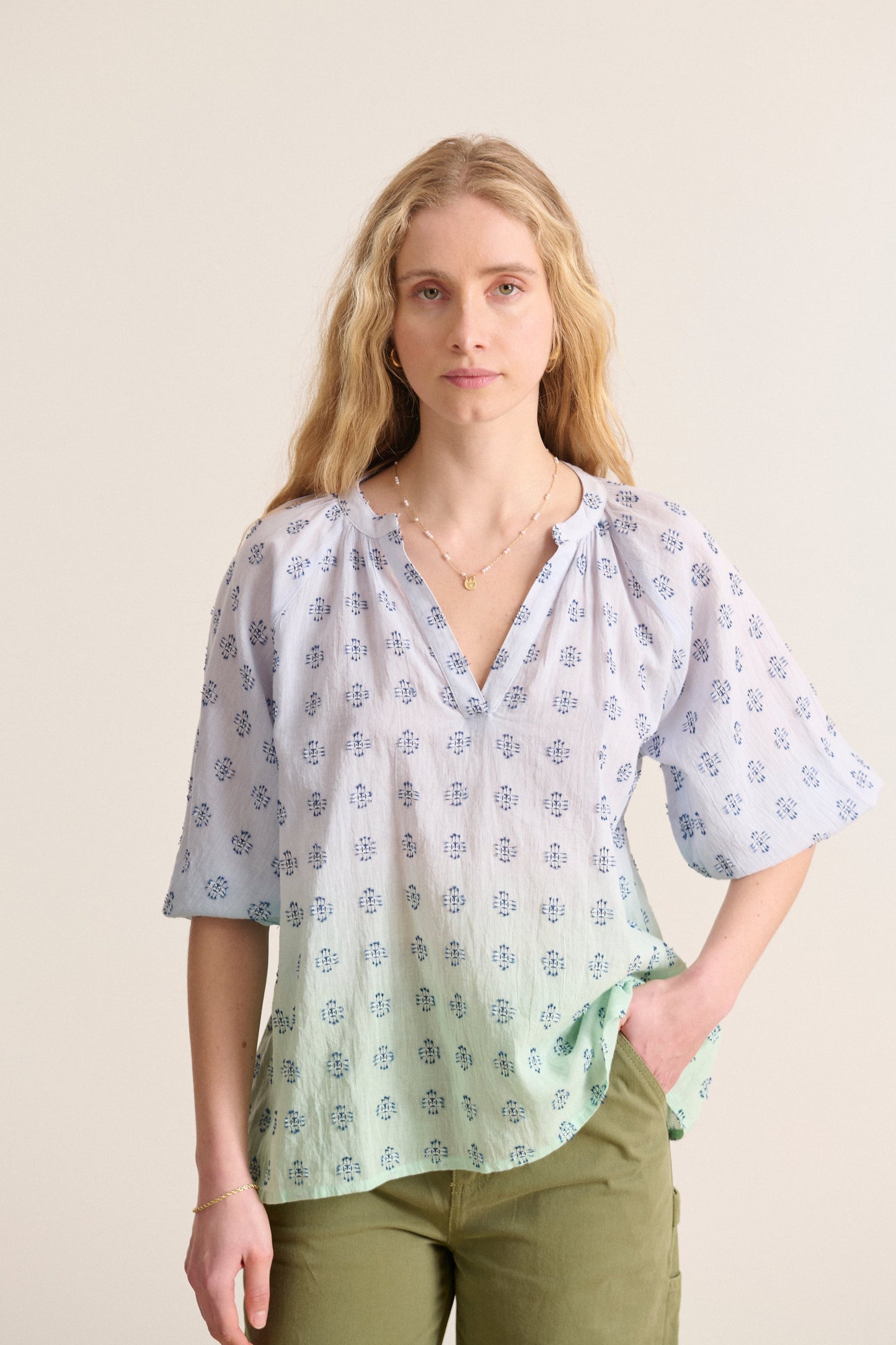 Haut fluide dip dye vert et bleu vêtement léger en coton printemps été femme
